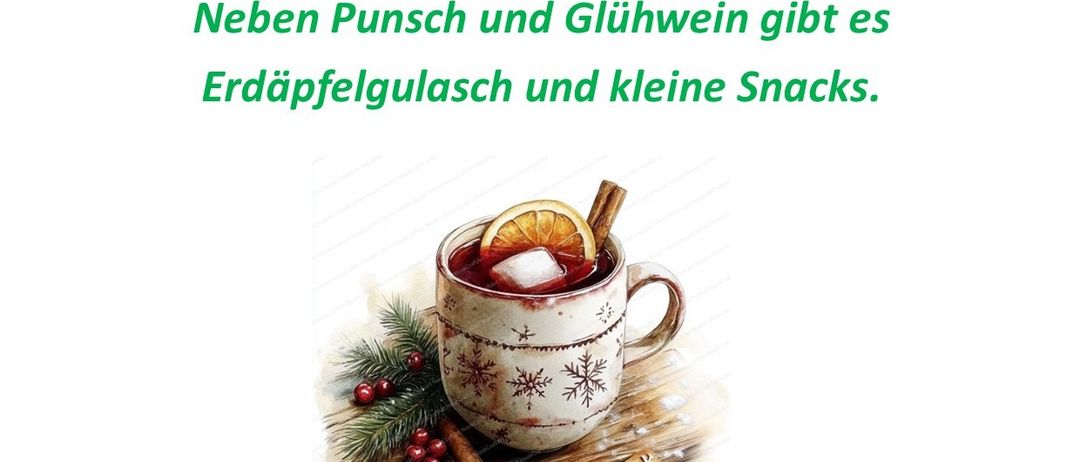 Ein Plakat kündigt eine Veranstaltung am Steinbrunn See am 8. Dezember 2025 um 15 Uhr an. Es zeigt eine Tasse mit einem Getränk, einer Orangenscheibe und Zimt. Getränke umfassen Punsch, Glühwein, Erdäpfelgulasch und Snacks. Die Veranstaltung wird vom Siedlerverein Steinbrunn See organisiert.