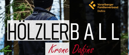 Plakat für Holzlerball mit einem Mann, der eine Kettensäge hält, Veranstaltungsdatum 16. Februar 2026, Beginn 20:00 Uhr. Freier Eintritt mit Live-Musik von Toni und Freunden. Grill erhältlich.