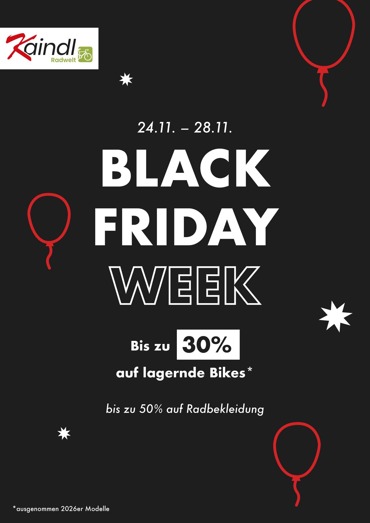 Black Friday Woche vom 24.11. bis 28.11. Bis zu 30% Rabatt auf Fahrräder und bis zu 50% Rabatt auf Fahrradbekleidung.