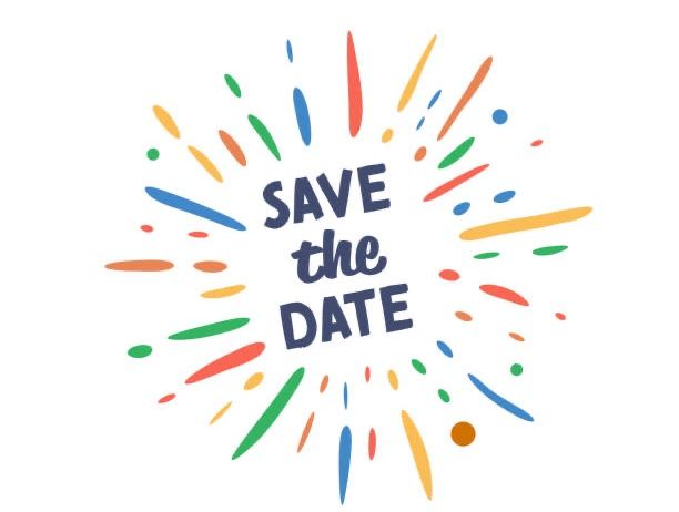 Ein lebendiges Grafikdesign mit mehrfarbigen Punkten und Linien, die um die Worte 'SAVE THE DATE' herum explodieren. Das Design ist auf weißem Hintergrund.