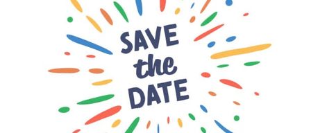 A vibrant graphic design with multicolored dots and lines bursting around the words 'SAVE THE DATE'. The design is on a white background.
