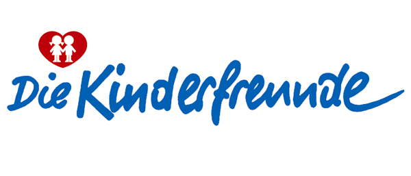 Ein Logo mit einem roten Herz und zwei Figuren darin, über dem Wort 'Die Kinderfreunde' in Blau.