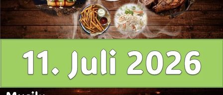 Event on July 11, 2026, featuring music, a burger, fries, and various foods on a wooden surface. Music starts at 5 PM.