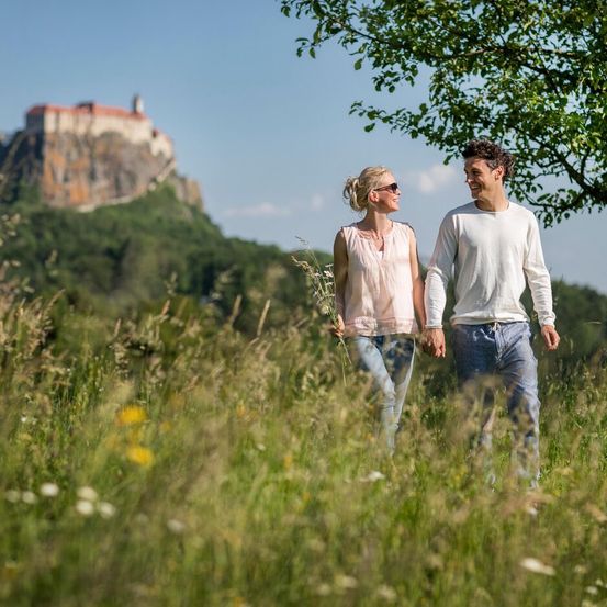 Ein Paar geht Hand in Hand durch ein hohes Grasfeld, mit einer Burg im Hintergrund.