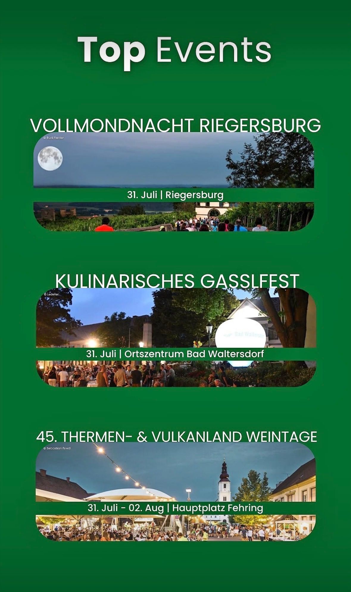 Ein Plakat mit drei Veranstaltungen: Vollmondnacht in Riegersburg, Kulinarisches Gasslefest in Bad Waltersdorf und Thermen- & Vulkanland Weintage. Jede Veranstaltung hat ein Datum und ein Foto.