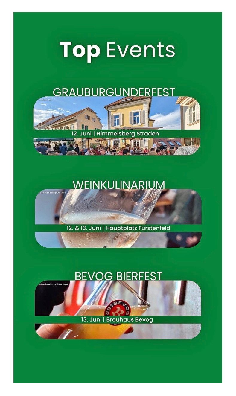 Ein Plakat mit drei Bereichen für Veranstaltungen. Der obere Bereich zeigt Grauburgunderfest am 12. Juni in Himmelsberg Straden. Der mittlere Bereich zeigt ein Glas Wein mit der Aufschrift Weinkulinarium am 12. und 13. Juni am Hauptplatz Furstenfeld. Der untere Bereich zeigt ein Bierglas mit der Aufschrift BEVBG BIERFEST.