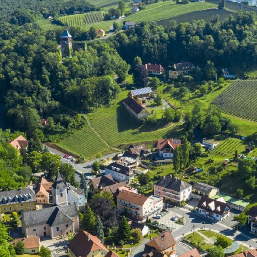 Luftaufnahme eines europäischen Dorfes mit Häusern, Bäumen und einer Kirche. Weinberge und ein Turm sind sichtbar.