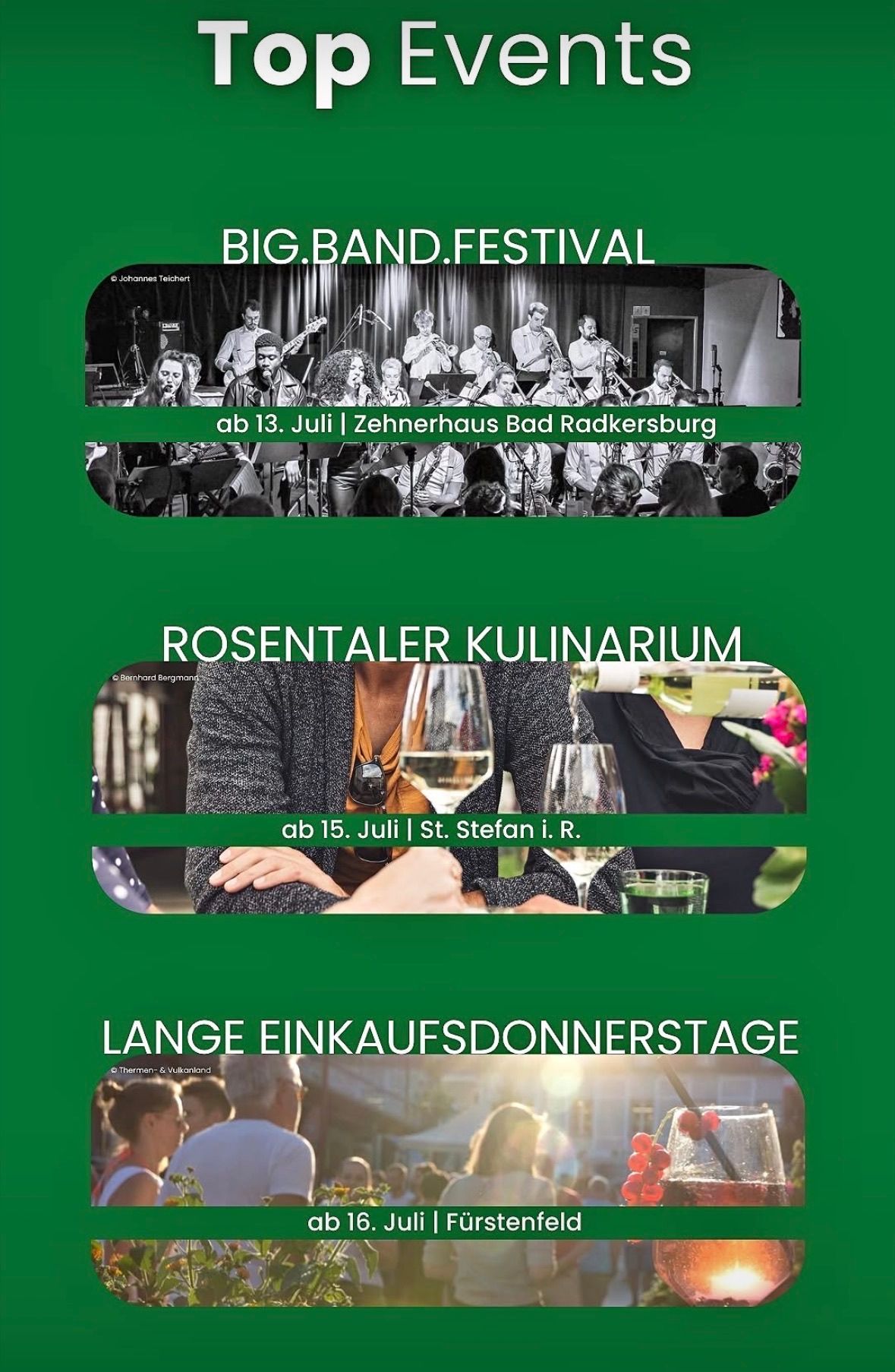 A poster advertising the Big Band Festival with a band performing on stage and a couple enjoying wine at a restaurant.