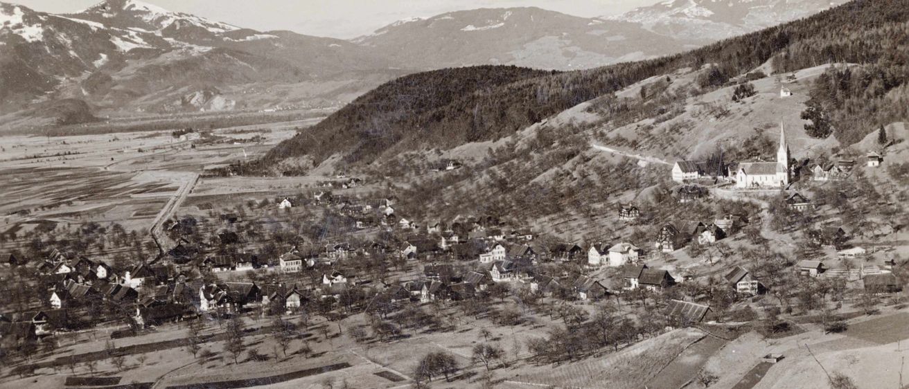 Ein Luftbild einer kleinen Stadt mit vielen Häusern, umgeben von Bäumen und Bergen.