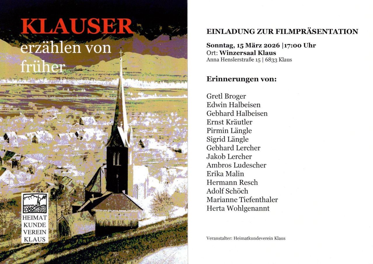 Ein Plakat für eine Filmvorführungsveranstaltung auf Deutsch. Es zeigt eine Kirche auf einem Hügel mit Bergen im Hintergrund. Die Veranstaltung findet am Sonntag, 15. März 2026, um 17 Uhr statt. Erinnerungen verschiedener Personen werden erwähnt.