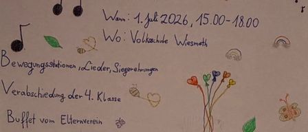Einladung zum Schulsportfest 'Beweg dich' am 1. Juli 2026, 15:00-18:00 an der Volksschule Wiesmath. Mit Liederstationen, Liedern, Glückwünschen für die 4. Klasse, organisiert vom Elternverein. Jeder ist willkommen.