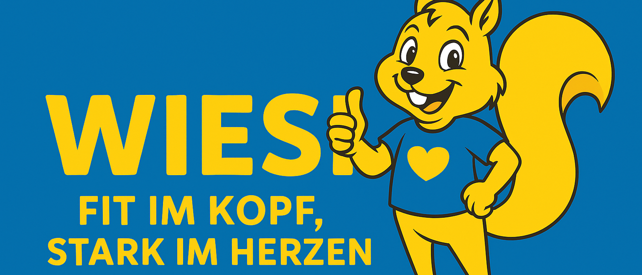 Ein lächelndes Eichhörnchen in einem blauen T-Shirt mit einem Herz darauf gibt einen Daumen hoch. Es steht 'Wies mit im Kopf, stark im Herzen' in gelben Buchstaben.