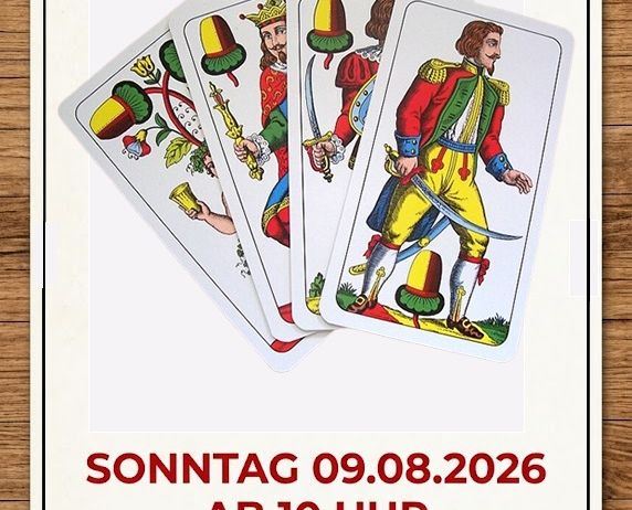 Plakat für eine Kartenspielveranstaltung von Jassverein Rubezahl, geplant für den 9. August 2026, Beginn um 10 Uhr, im Vereinsheim in Amerlugen, Gasella 4, 6820 Frastanz.