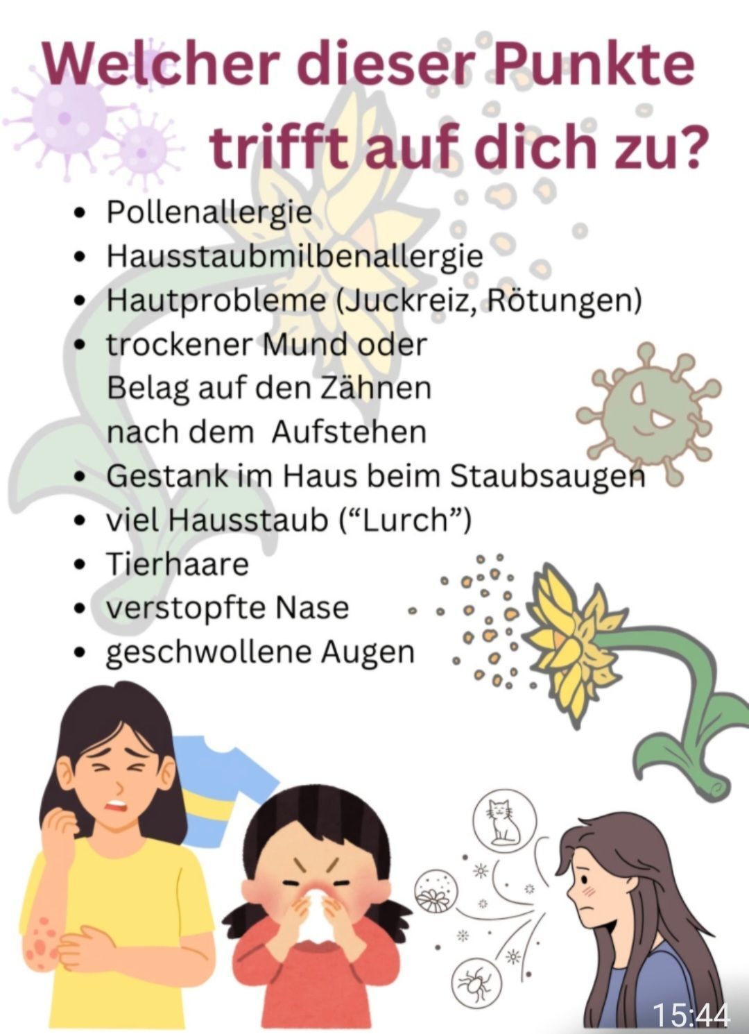 Das Bild zeigt Symptome von Allergien und deren mögliche Ursachen. Es umfasst Pollenallergie, Hausstaubmilbenallergie, Hautprobleme und mehr. Ein Cartoon von einem Mädchen und einem Jungen mit diesen Symptomen ist ebenfalls dargestellt.