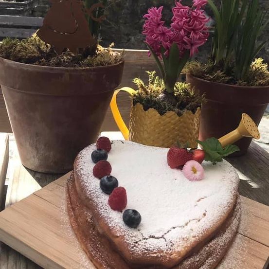 Ein herzförmiger Kuchen mit Puderzucker, Erdbeeren, Himbeeren und Blaubeeren steht auf einem Holzbrett. Dahinter befinden sich Topfpflanzen, darunter eine Hyazinthe und eine dekorative Mädchenfigur.