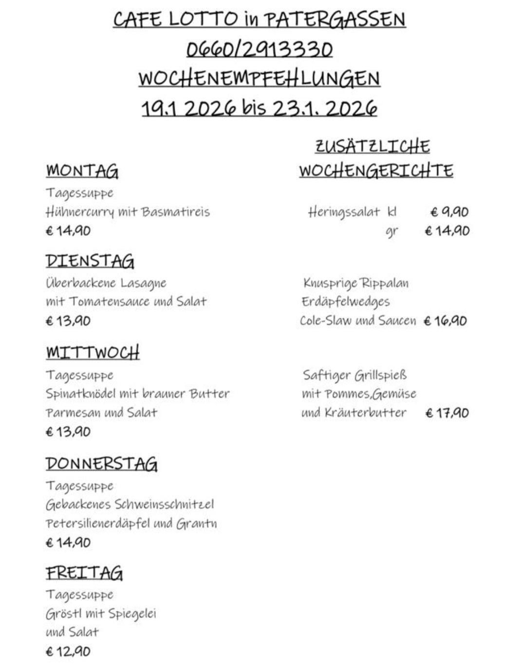 Weekly meal suggestions from January 19, 2026, to January 23, 2026. Monday: Chicken curry with basmati rice, €14.90. Tuesday: Baked lasagna with tomato sauce and salad, €13.90. Wednesday: Spinach noodles with brown butter, parmesan, and salad, €13.90. Thursday: Grilled chicken breast with pommes, vegetables, and herb butter, €17.90. Friday: Baked pork chop with parsley potatoes and Granth, €14.90.