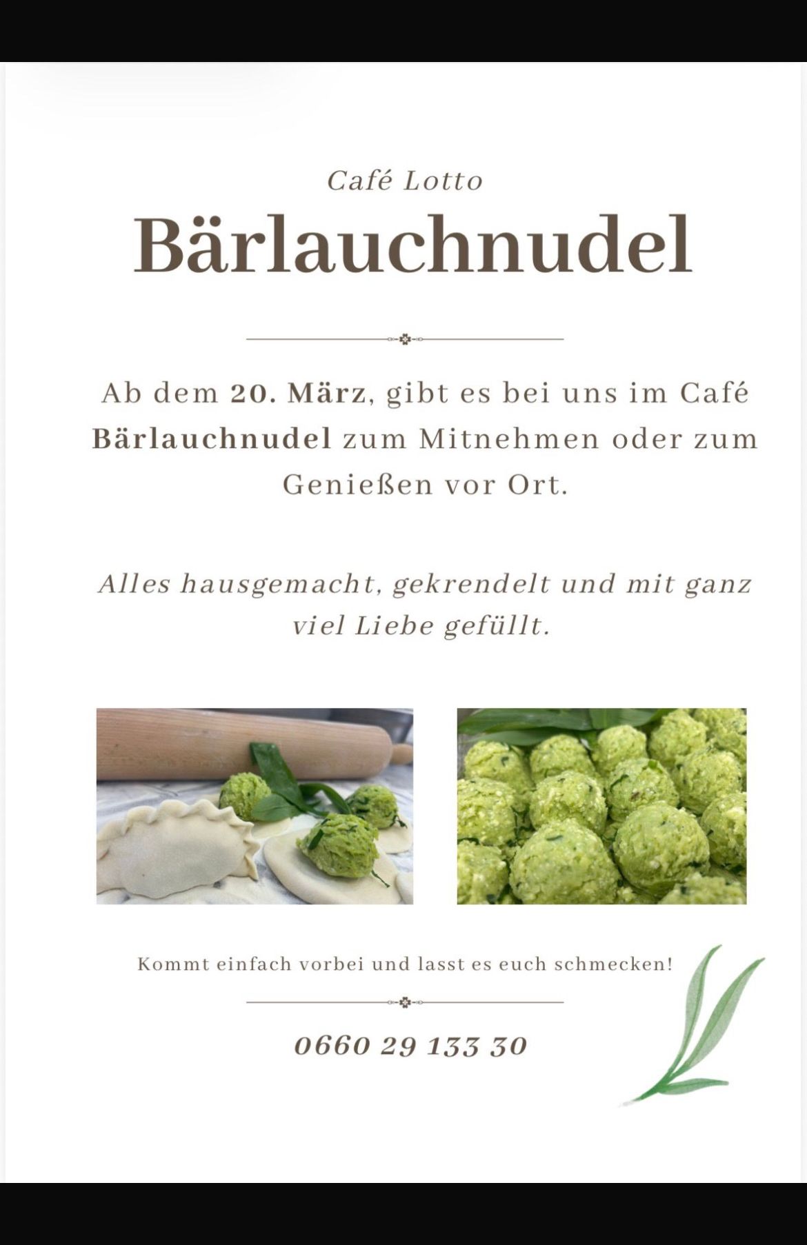 Im Café Bärlauchundel gibt es ab dem 20. März hausgemachte Knödel zum Mitnehmen oder zum Genießen vor Ort. Alles mit viel Liebe zubereitet.