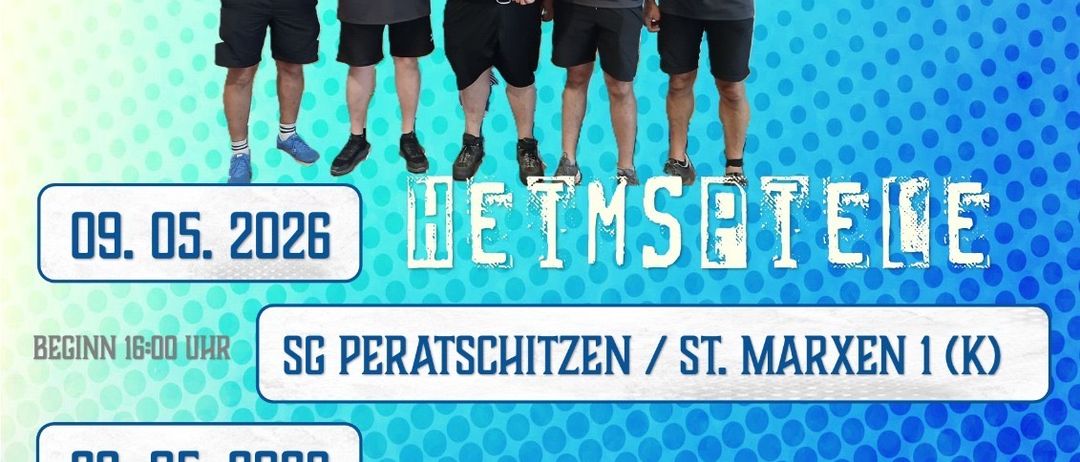 Fünf Männer mit Medaillen stehen vor einem blau-grünen Hintergrund. Der Text lautet: Heimspiele, mit Terminen und Orten für Veranstaltungen.