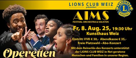 Eine Werbung für den Lions Club mit einem Bild von drei Personen. Der Text lautet 'AIMS Festival-Orchester & Solist Fr, 8. Aug. 21 Kunsthaus'. Der Eintritt beträgt VVK € 30, freier Eintritt am Tag selbst.