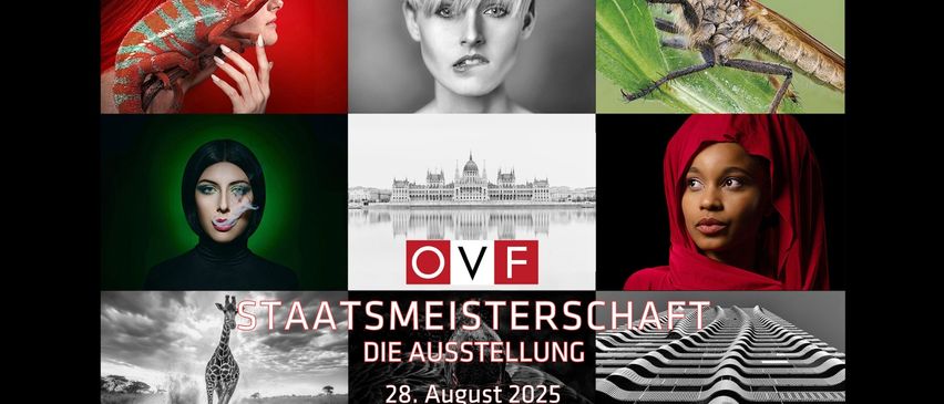 Eine Collage von Bildern zeigt eine Frau mit einem Chamäleon, eine Frau mit kurzen Haaren und eine Fliege auf einem Blatt. In der Mitte ist die Budapester Skyline mit den Buchstaben OVF zu sehen. Die Ausstellung läuft vom 28. August 2025 bis 11. September 2025.
