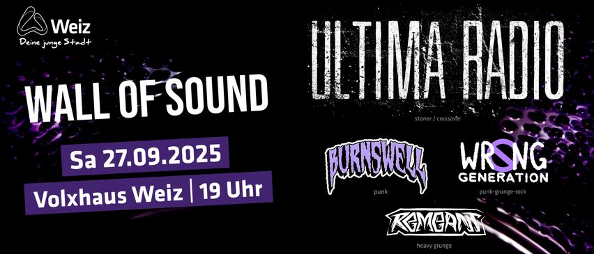Plakat für das Ultima of Sound Event am 09.2025 mit Bands Burnswell und Roman, gesponsort von Kulturbüro und Sparkasse.