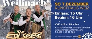 Plakat für ein Benefizkonzert des Rotary Clubs am 7. Dezember im Kunsthaus Weiz. Drei Männer spielen Musikinstrumente, während Schneeflocken um sie herum fallen.