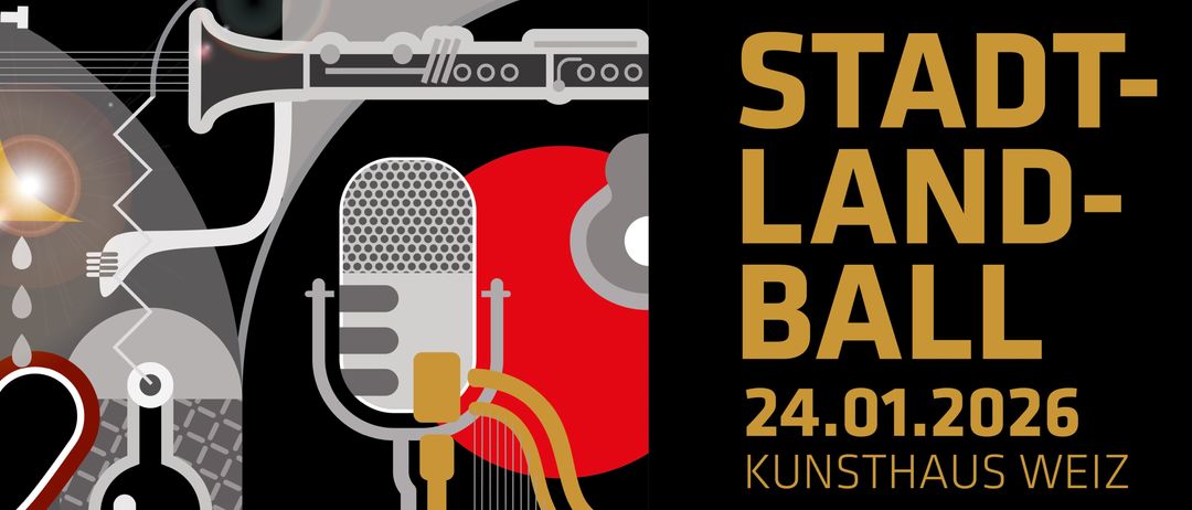 Ein Plakat für eine Stadt-Land-Ball-Veranstaltung im Kunsthaus. Der Ball beginnt um 19:00 Uhr und bietet thematische Bars und vielfältige Getränke. Es ist eine Gemeinschaftsveranstaltung, unterstützt von Rotary Weiz, mit Eintrittskarten erhältlich.