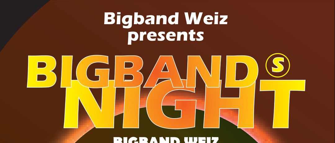 Das Plakat der Big Band Night zeigt eine Band auf der Bühne, mit einem Spotlight auf einem Gitarristen. Es beinhaltet eine CD-Präsentation des Emiliano Sampaio Jazz Orchestra. Die Veranstaltung findet am Freitag statt.