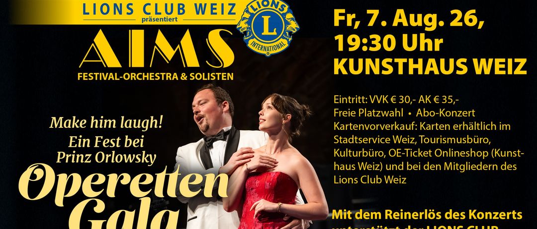 Plakat für eine Veranstaltung im Lions Club Weiz. Es zeigt einen Mann und eine Frau in formeller Kleidung. Die Veranstaltung findet am Freitag, den 7. August um 19:30 statt. Der Eintritt kostet 30 Euro.