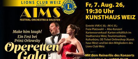 Plakat für eine Veranstaltung im Lions Club Weiz. Es zeigt einen Mann und eine Frau in formeller Kleidung. Die Veranstaltung findet am Freitag, den 7. August um 19:30 statt. Der Eintritt kostet 30 Euro.