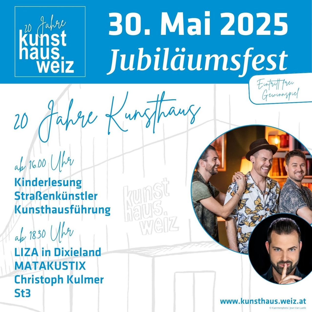 Jubiläumsfest im Kunsthaus Weiz am 30. Mai 2025. Programm umfasst Kindervorlesung, Straßenkünstler und Museumsführung. Auftritte von Liza in Dixieland, Matakustix und Christoph Kulmer. Besuchen Sie www.kunsthaus.weiz.at für weitere Informationen.