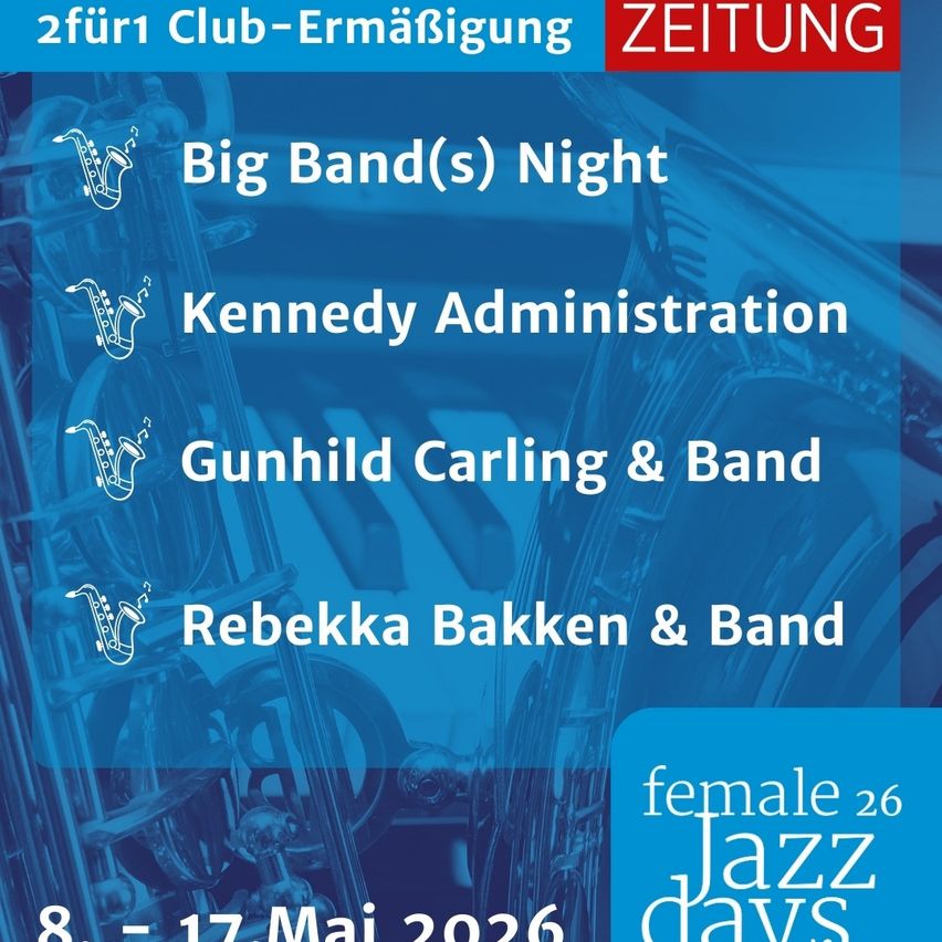 Das Poster bewirbt eine Club-Veranstaltung mit Jazz-Thema. Es beinhaltet vier Bands: Big Band(s) Night, Kennedy Administration, Gunhild Carling & Band und Rebecka Bakken & Band. Die Veranstaltung findet vom 8. bis 17. Mai 2026 statt.