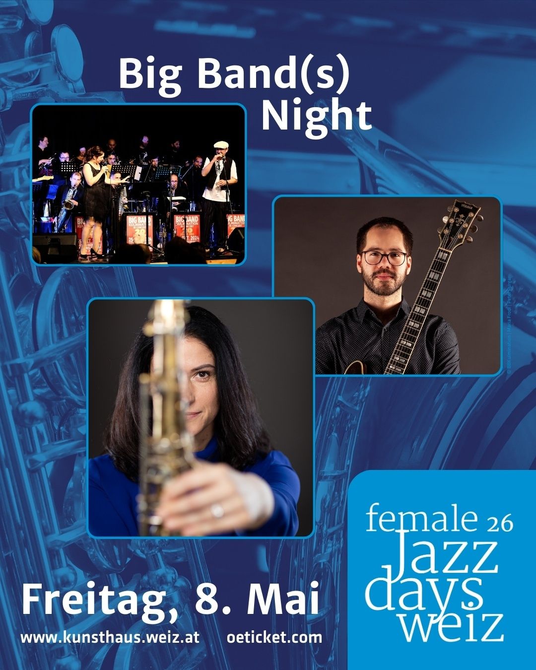 Ein Plakat für die Veranstaltung der Female Jazz Days zeigt eine Band beim Auftritt, eine Frau mit einer Saxophon und einen Mann mit einer Gitarre. Die Veranstaltung findet am Freitag, 8. Mai statt.