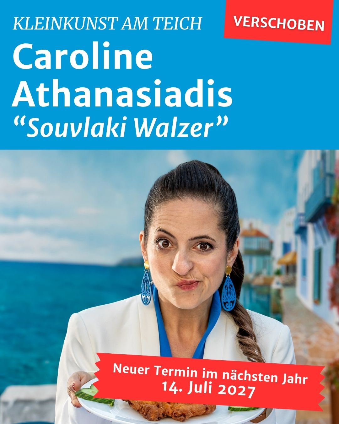 A woman with braided hair and blue earrings stands in front of a blue backdrop with a sea view. The text reads 'Caroline Athanasiadis Souvlaki Walzer' and 'New Term in the next year.'