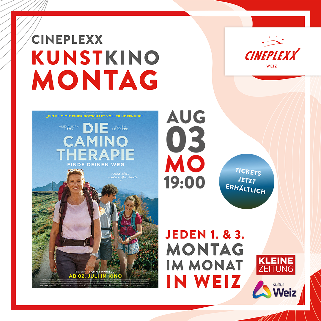 Plakat für Kunstkino Montag mit einem Film über eine Frau und zwei Kinder beim Wandern. Das Plakat enthält das Datum 3. August, Zeit 19:00, und erwähnt verfügbare Tickets.