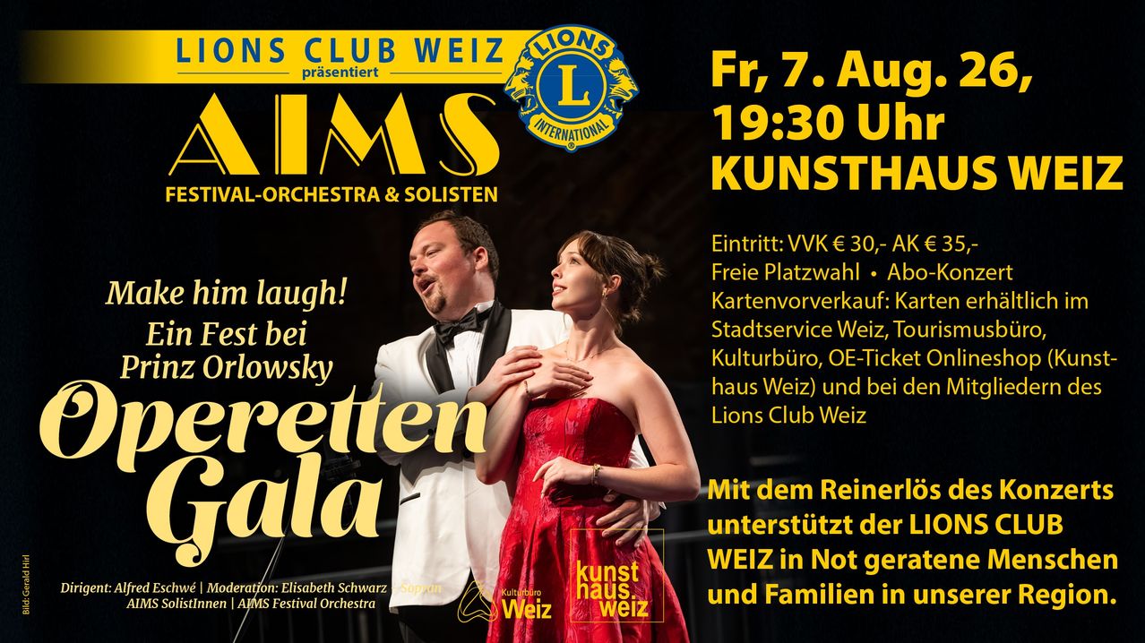 Plakat für eine Aufführung des Reine-Orchesters und Solisten, mit einem Mann und einer Frau in formeller Kleidung, mit Details zu Datum, Uhrzeit und Ticketinformationen.