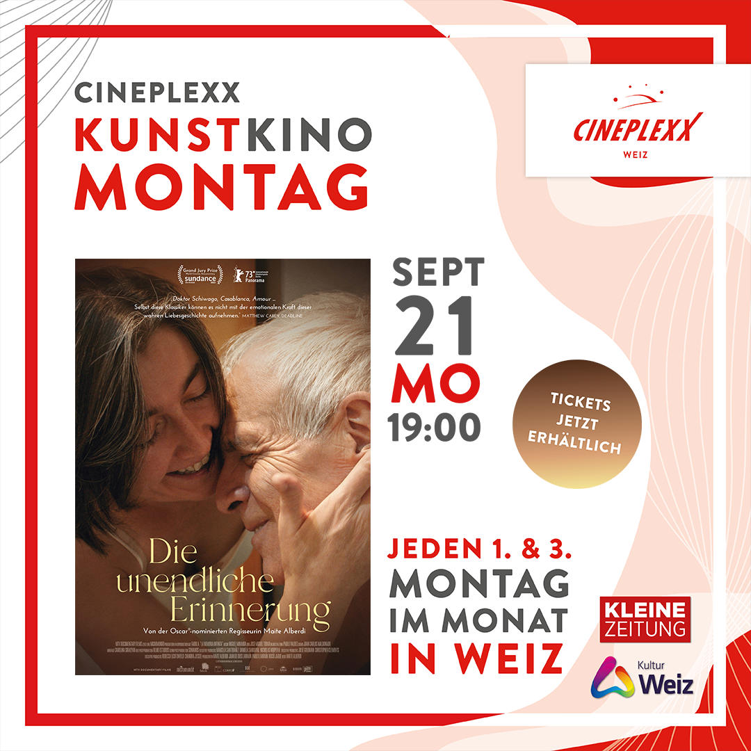 Filmplakat für 'Die unendliche Erinnerung' mit einem älteren Mann und einer Frau im Kuss. Das Plakat hat einen roten Rand, ein Logo von 'Cineplexx Weiz' und einen Zeitplan für Vorführungen am 21. September um 19:00 Uhr.