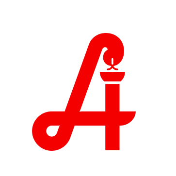 Ein rotes Logo mit einem stilisierten Buchstaben 'A' und einer Kerze darüber, was auf ein Symbol für Aufmerksamkeit oder Bewusstsein hindeutet.