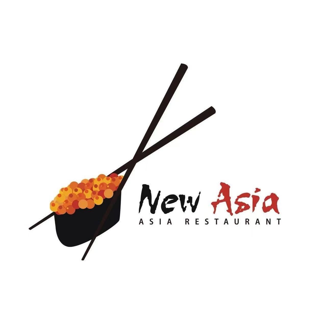 Ein Logo für New Asia Asia Restaurant mit Chopsticks, die eine Schüssel mit oranger und gelber Speise halten.