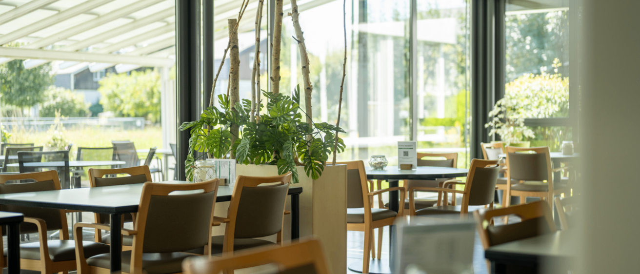 Ein moderner Essbereich mit großen Fenstern und Glaswänden. Tische und Stühle sind ordentlich aufgestellt, mit einer großen Topfpflanze. Glas- und Holzoberflächen sind sichtbar.