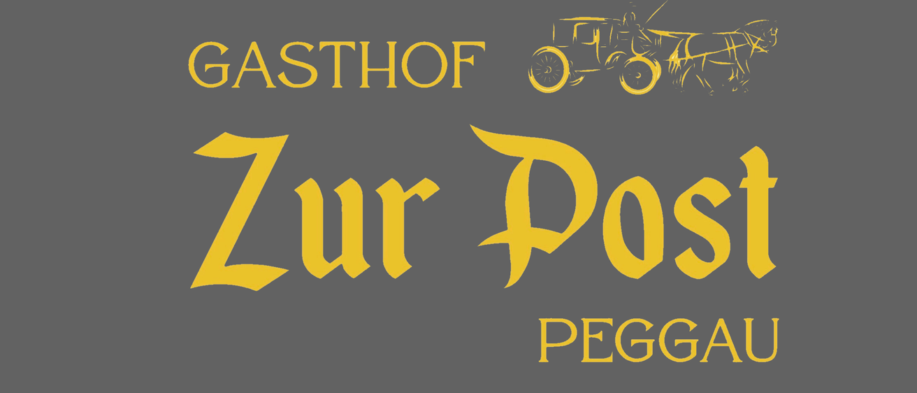Das Logo für Gasthof Zur Post Peggau zeigt einen stilisierten alten Traktor in Gelb, vor einem grauen Hintergrund. Der Text 'Zur Post' ist in großen gelben Buchstaben hervorgehoben.