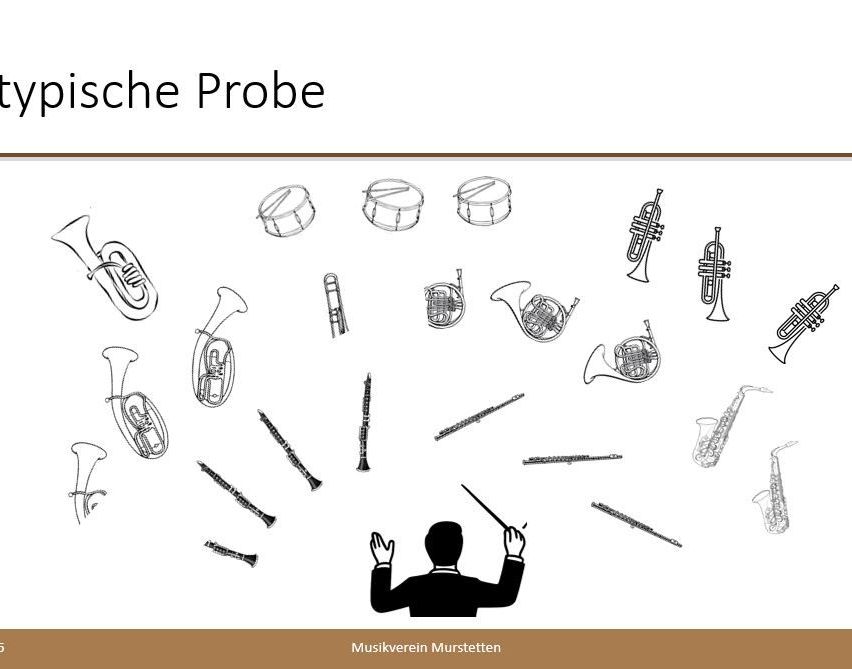 Eine Illustration eines Dirigenten mit Taktstock, umgeben von verschiedenen Musikinstrumenten wie Trompeten, Posaunen, Flöten und Trommeln. Der Text 'musikverein Murstetten' steht unten.