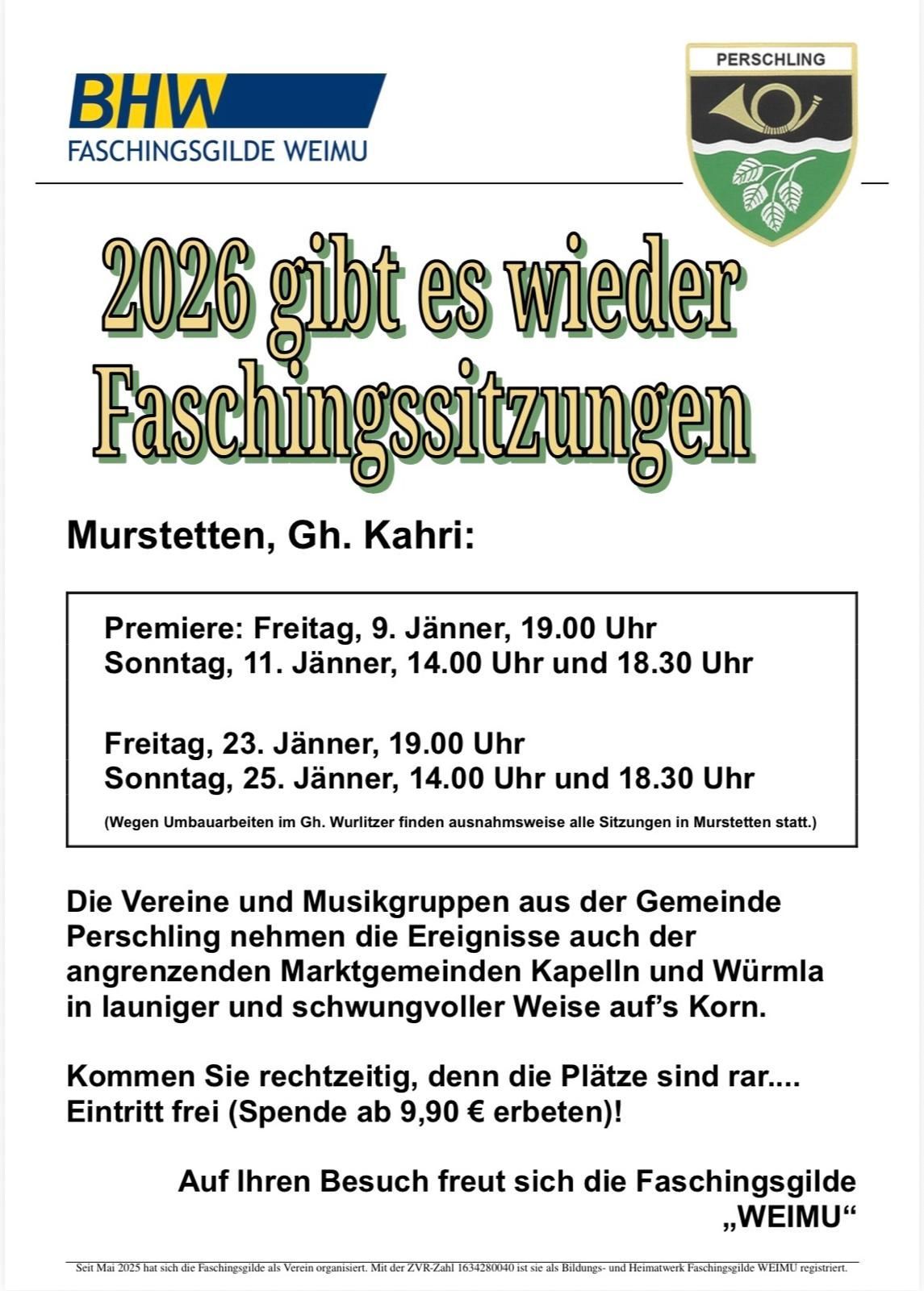 Plakat für Faschingssitzungen in Murstetten, Österreich. Geplante Termine sind der 9., 11., 23. und 25. Januar 2026. Veranstaltungen finden aufgrund von Renovierungsarbeiten in Murstetten statt.