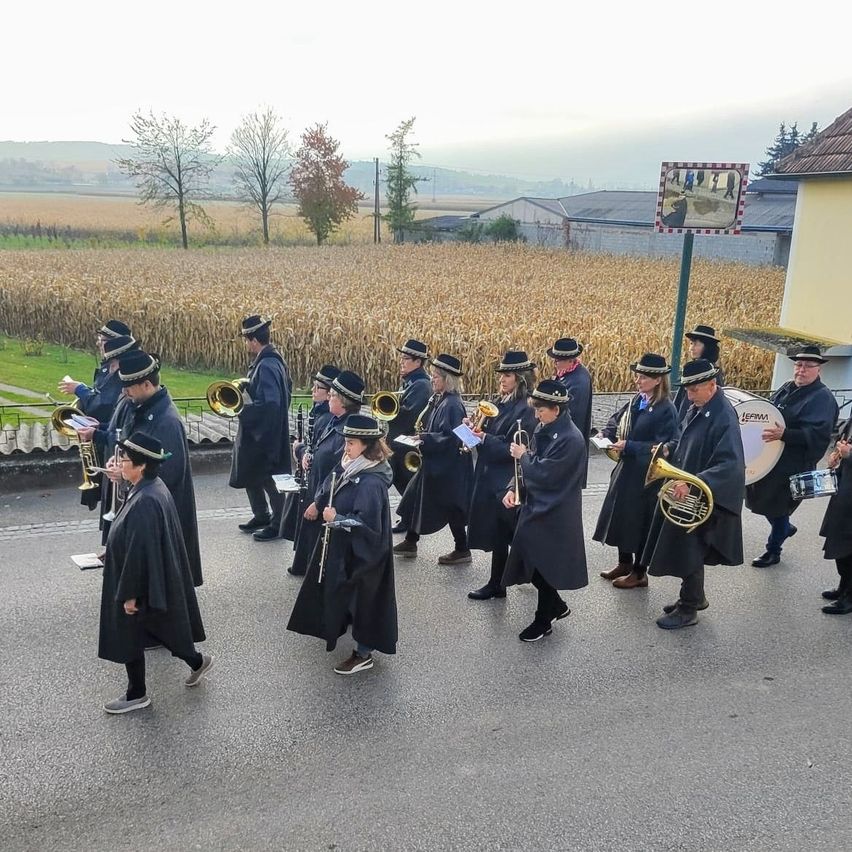 Eine Marschkapelle spielt auf einer Straße mit Maisfeld und Häusern im Hintergrund.