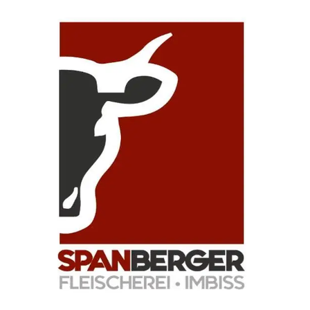 Das Logo von Spanberger, einem Metzgerei- und Imbiss, zeigt einen stilisierten Kuhkopf in Rot und Schwarz auf weißem Hintergrund.