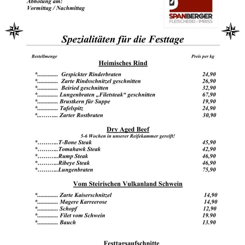 Das Bild zeigt ein Menü mit verschiedenen Fleischoptionen. Es umfasst heimische Rindfleischsorten, trocken gereiftes Rindfleisch und Stücke vom steirischen Vulkanland Schwein. Jede Option ist mit ihrem Preis pro Kilogramm aufgeführt.