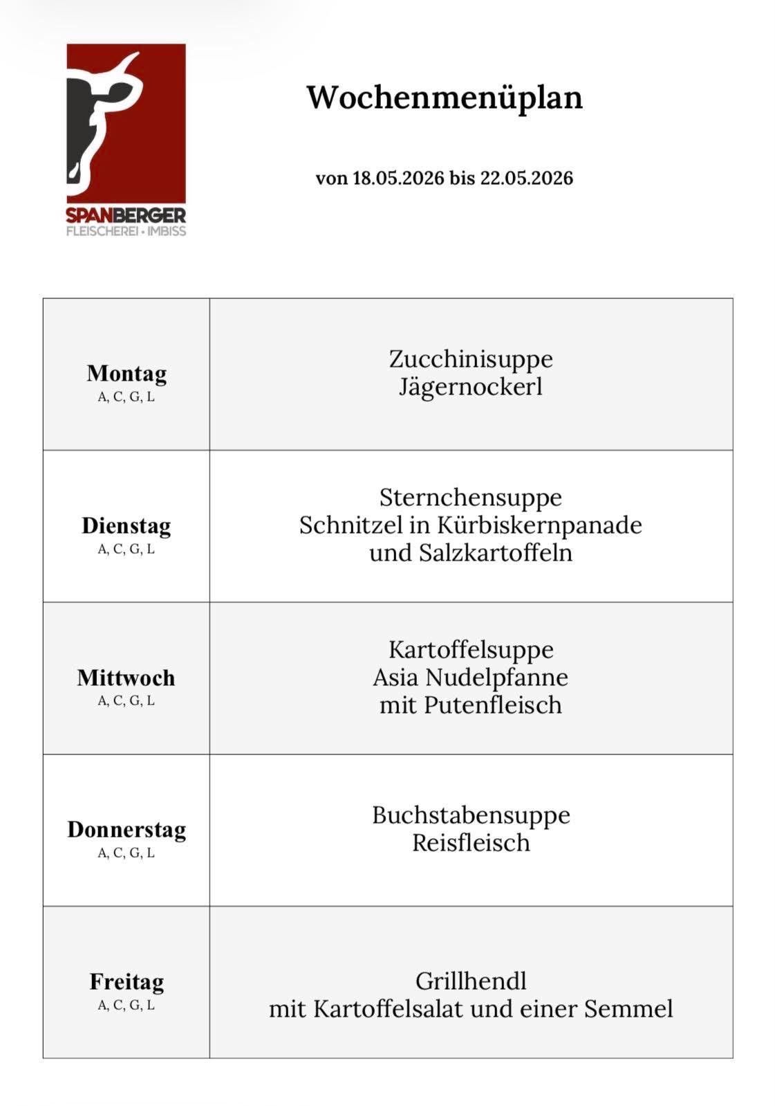 Wöchentliches Menü vom 18. bis 22. Mai 2026. Montag: Zucchinisuppe mit Jägernockerln. Dienstag: Stärkesuppe, Schnitzel in Kürbiskernpanade und Salzkartoffeln. Mittwoch: Kartoffelsuppe mit Asia-Nudelpfanne und Putenfleisch. Donnerstag: Buchstabensuppe mit Reisfleisch.