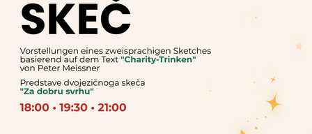 Ein Werbeplakat für eine zweisprachige Sketchshow 'Punč & Skeč' von der Theatergruppe Kazalištno Društvo Dugava, basierend auf dem Text 'Charity-Trinken' von Peter Meissner. Aufführungen um 18:00, 19:30, 21:00 am Freitag, 20. Dezember 2025, nach der BuBandacht am Crikvenom Mistu am Kirchenplatz.