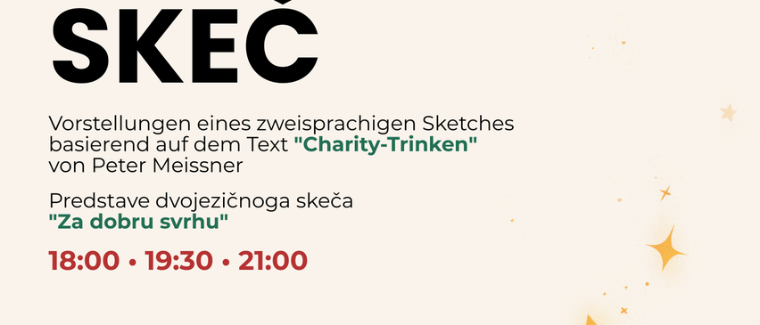 Ein Werbeplakat für eine zweisprachige Sketchshow 'Punč & Skeč' von der Theatergruppe Kazalištno Društvo Dugava, basierend auf dem Text 'Charity-Trinken' von Peter Meissner. Aufführungen um 18:00, 19:30, 21:00 am Freitag, 20. Dezember 2025, nach der BuBandacht am Crikvenom Mistu am Kirchenplatz.