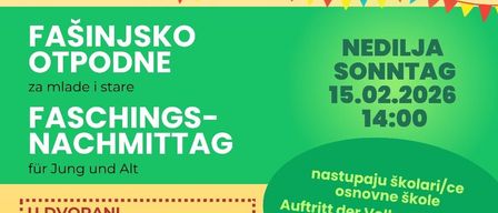 Plakat für Fasinjak und Fasching-Veranstaltungen von Kazalisno Drustvo Dugava und Theaterverein Regenbogen. Sketchabend am Samstag 14.02.2026 um 19:00. Faschingsko-Tag der offenen Tür am Sonntag 15.02.2026 um 14:00 für Jung und Alt. Einladung, in Kostüm zu kommen.
